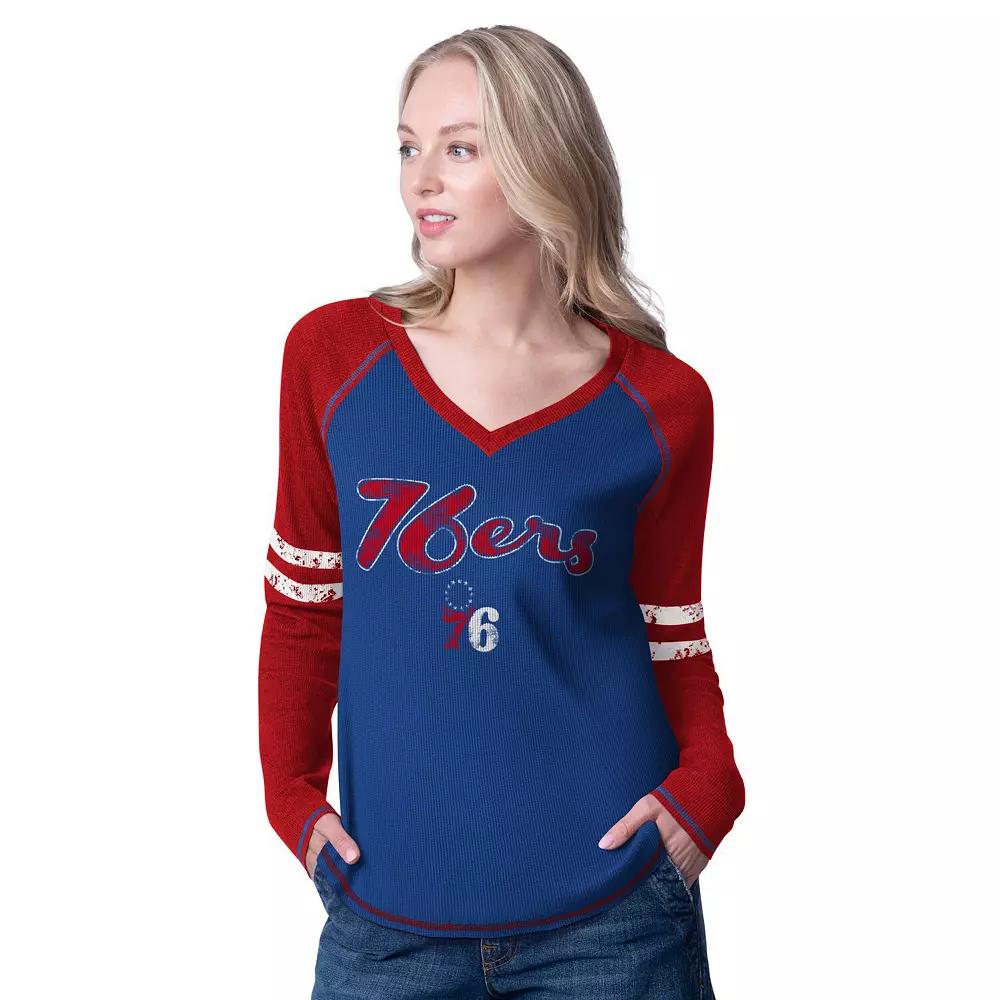 Women's G-III 4Her by Carl Banks Royal/Red Philadelphia 76ers Winner Waffle Knit Thermal Long Sleeve Tri-Blend T-Shirt,  Product Image