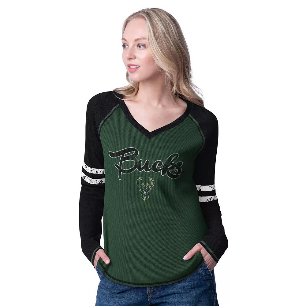 Women's G-III 4Her by Carl Banks Hunter Green/Cream Milwaukee Bucks Winner Waffle Knit Thermal Long Sleeve Tri-Blend T-Shirt,  Product Image