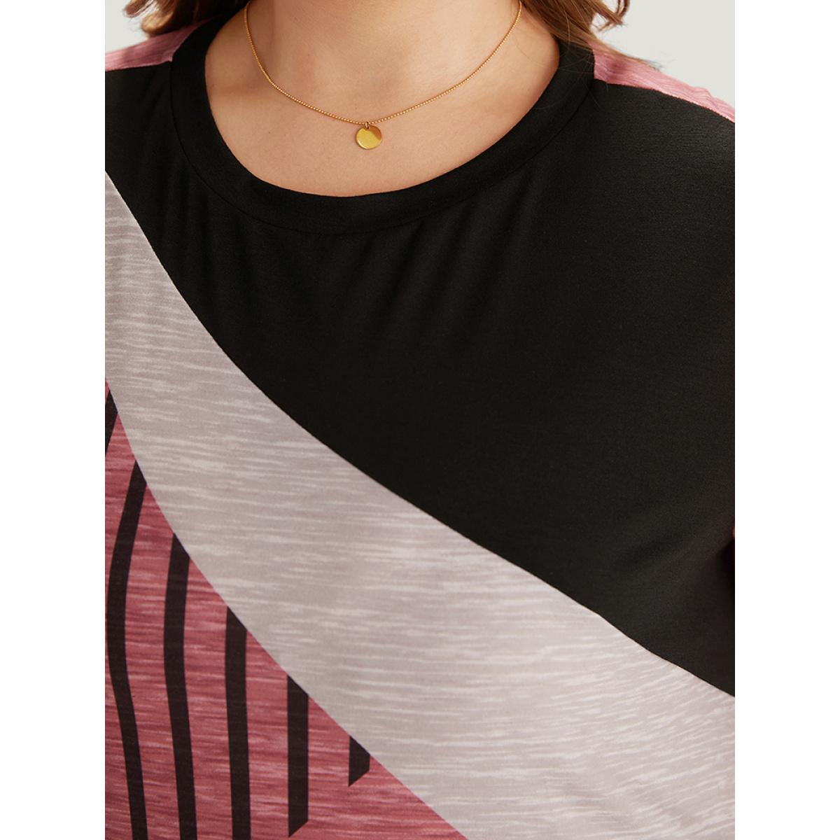 Plus Size Colorblock Contrast Striped Pocket Crew Neck Dress Russet Women Casual Patchwork Round Neck Short sleeve Curvy Midi Dress BloomChic 28/5X Product Image