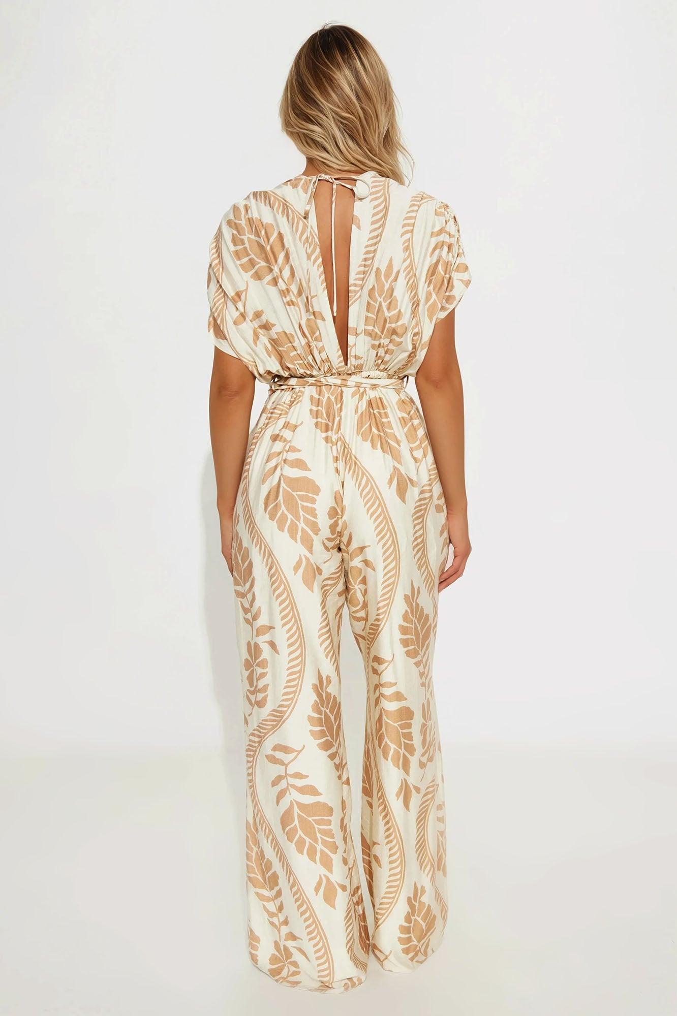 Tori Short Sleeve V-Neck Jumpsuit - Cream/combo Female Product Image