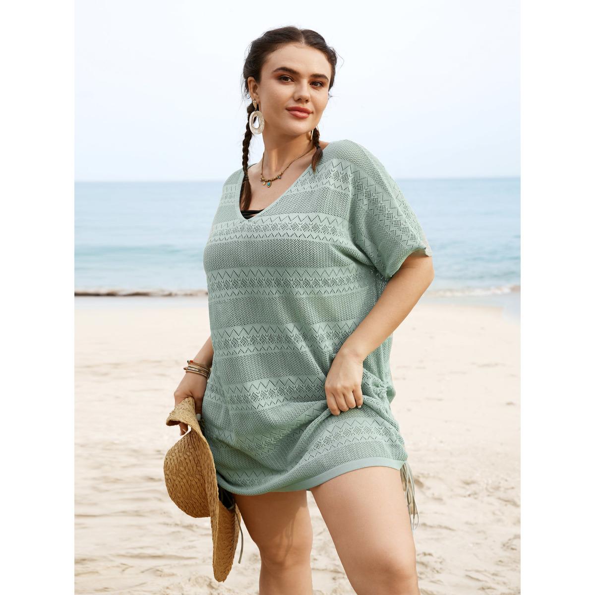 Plus Size Deep V Neck Cut Out Drawstring Swim Cover Up Women's Swimwear Palemauve Resort Loose Cut-Out Curve Swim Cover Ups BloomChic 22-24/3X Product Image