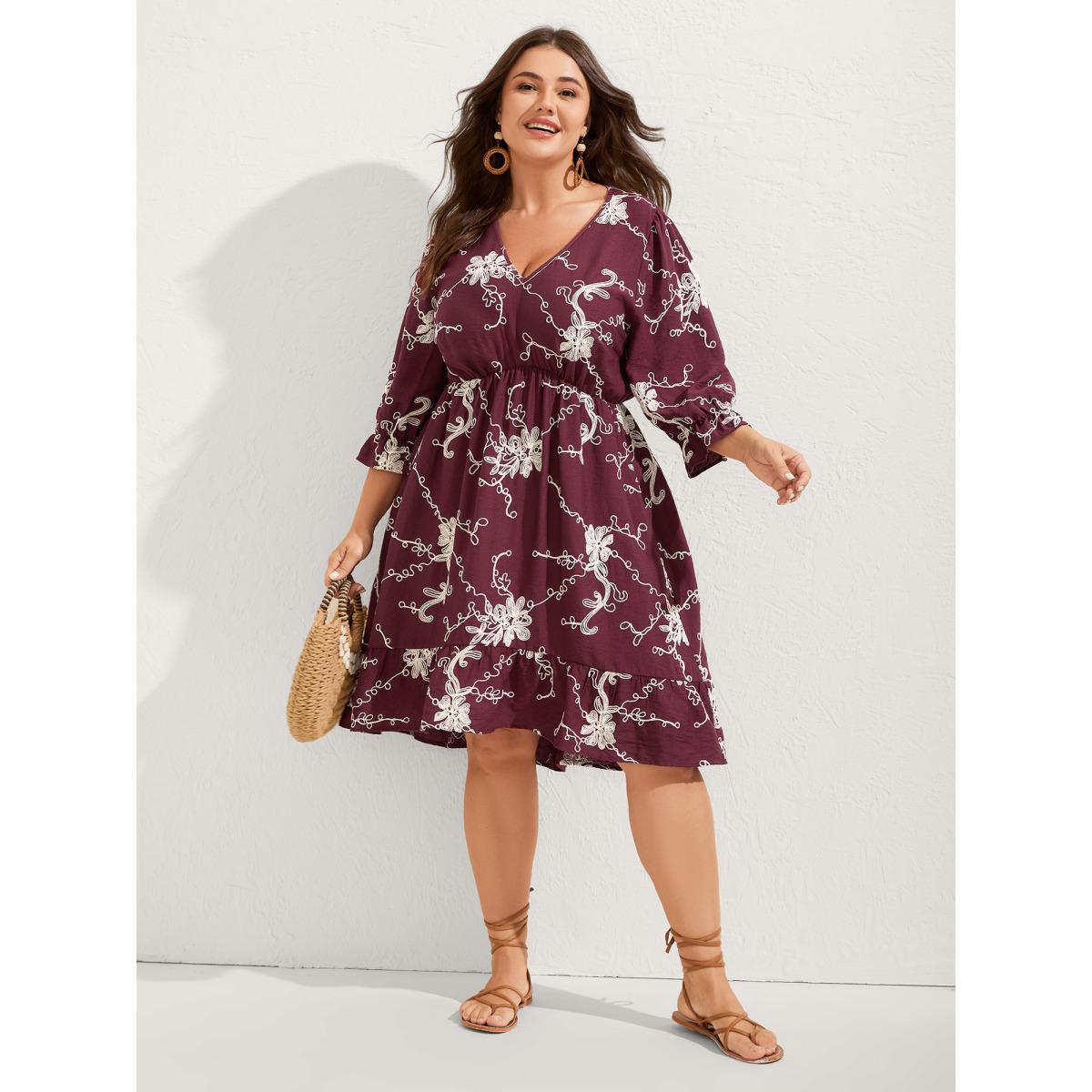Plus Size Floral Embroidered Stretchy Waist Midi Dress Deeppurplered Women Boho V-neck Half Sleeve Curvy BloomChic 14-16/1X Product Image