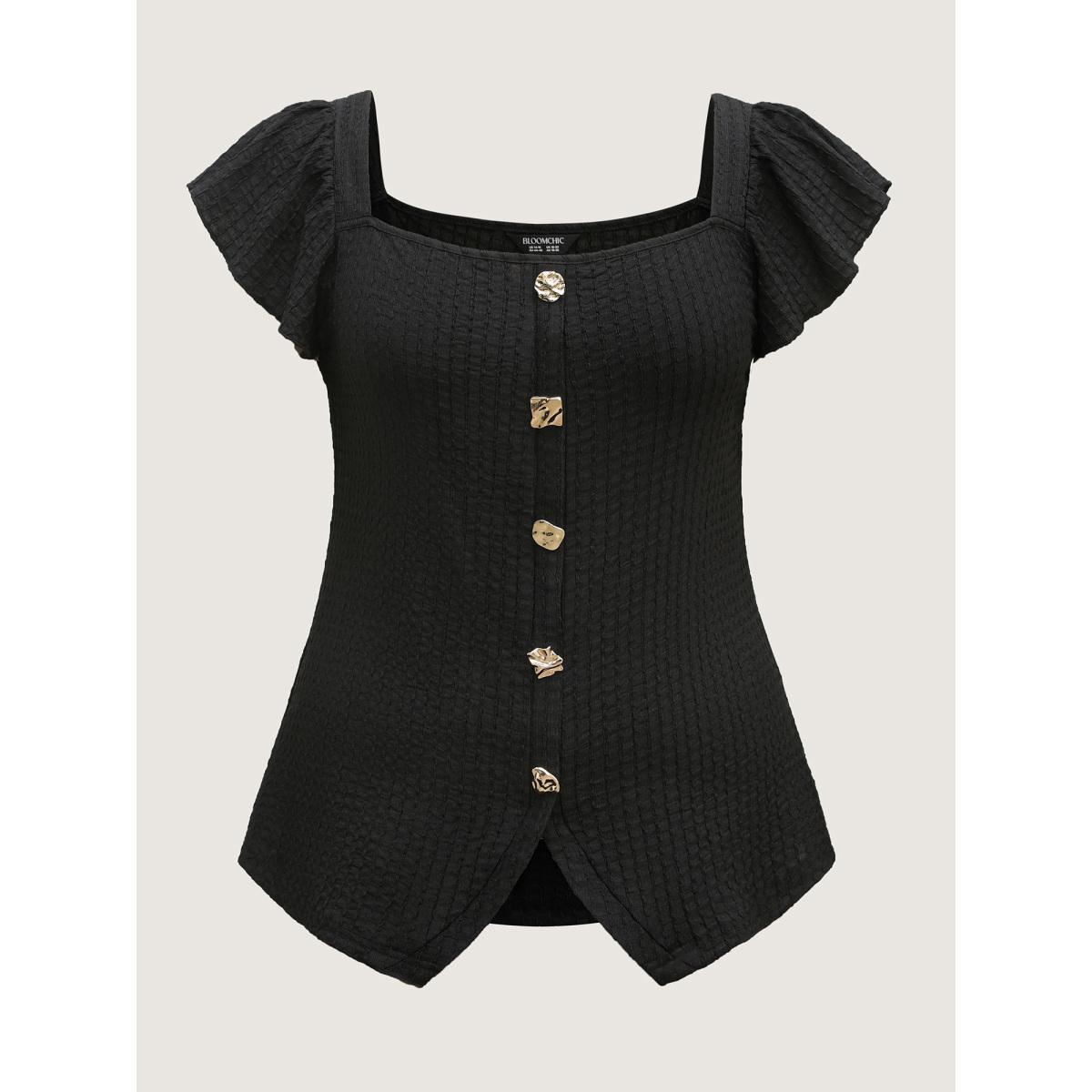 Plus Size Black Textured Shape Button Flutter Sleeve Blouse Women Office Cap Sleeve Square Neck Office Blouses BloomChic 10/M Product Image