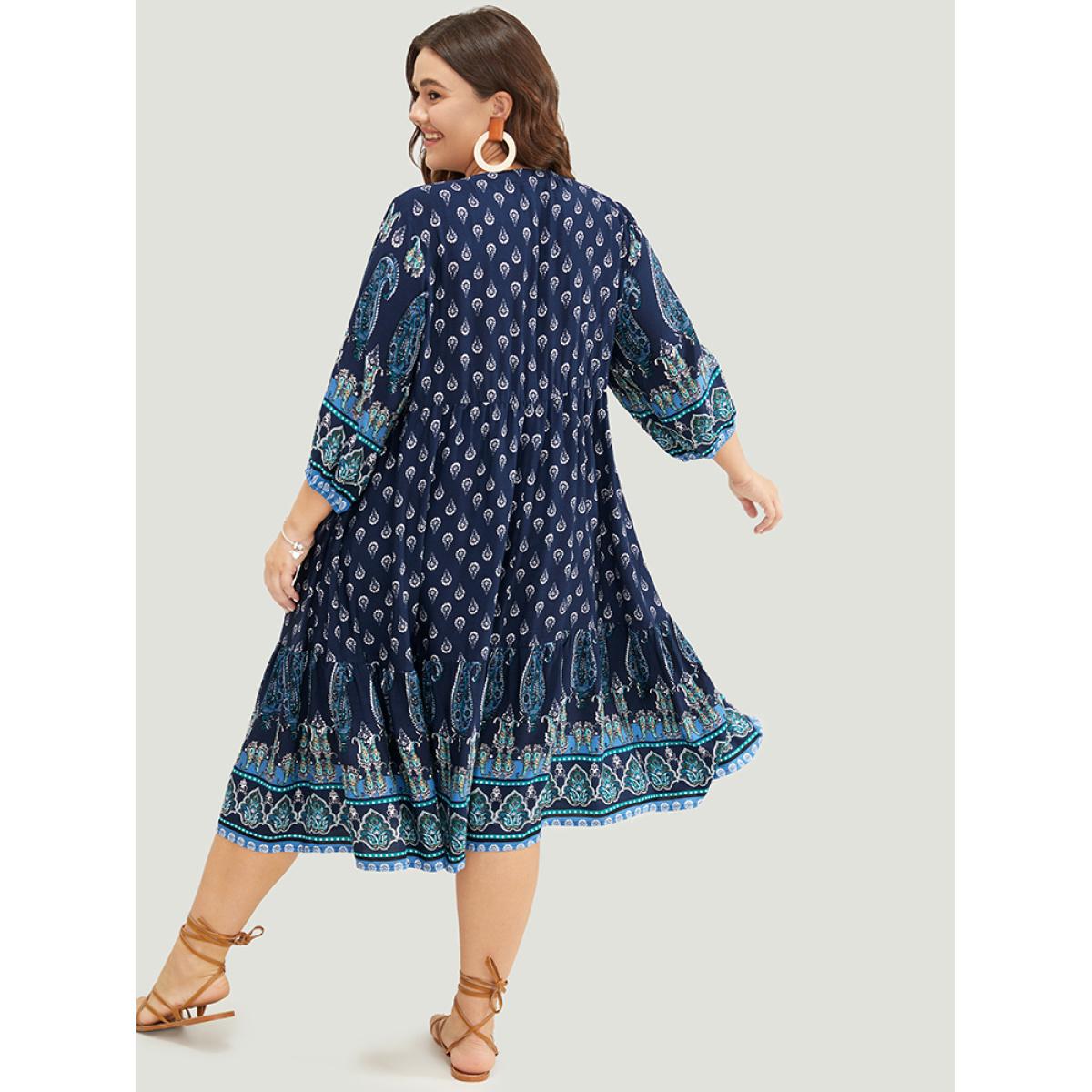 Plus Size Bandana Print Ruffles Lantern Sleeve Pocket Tassels Tie Neck Dress Indigo Women Vacation Tassels Tie Neck Elbow-length sleeve Curvy Midi Dress BloomChic 26/4X Product Image