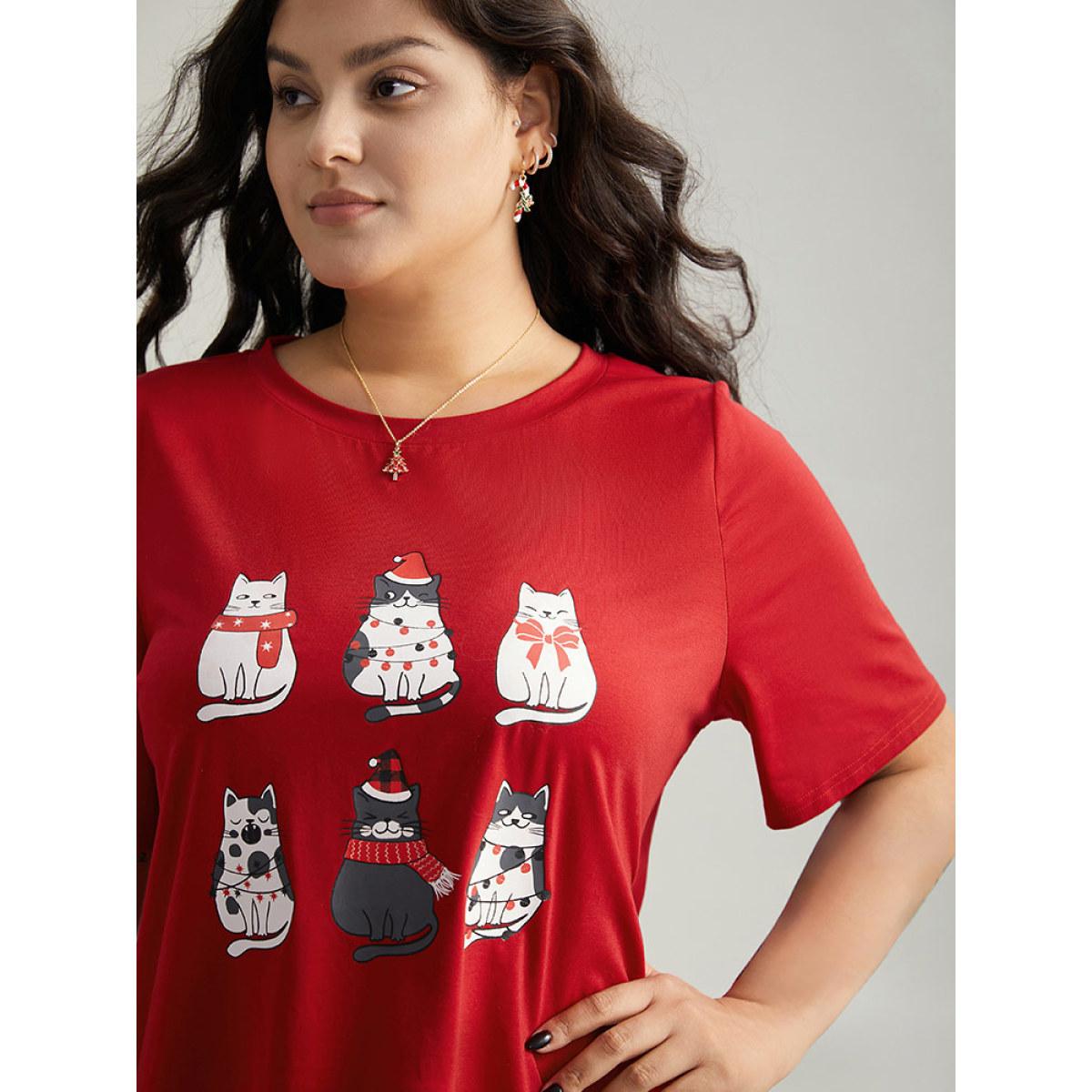 Plus Size Christmas Cat Print Round Neck T-shirt Red Women Casual Printed Christmas Festival-Christmas T-shirts BloomChic 10/M Product Image