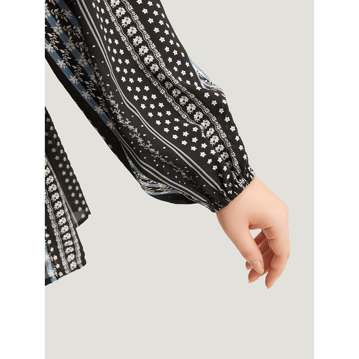 Plus Size BlackFlower Boho Print Frill Trim Ruffle Layered Hem Blouse Women Vacation Long Sleeve V-neck Vacation Blouses BloomChic 22-24/3X Product Image