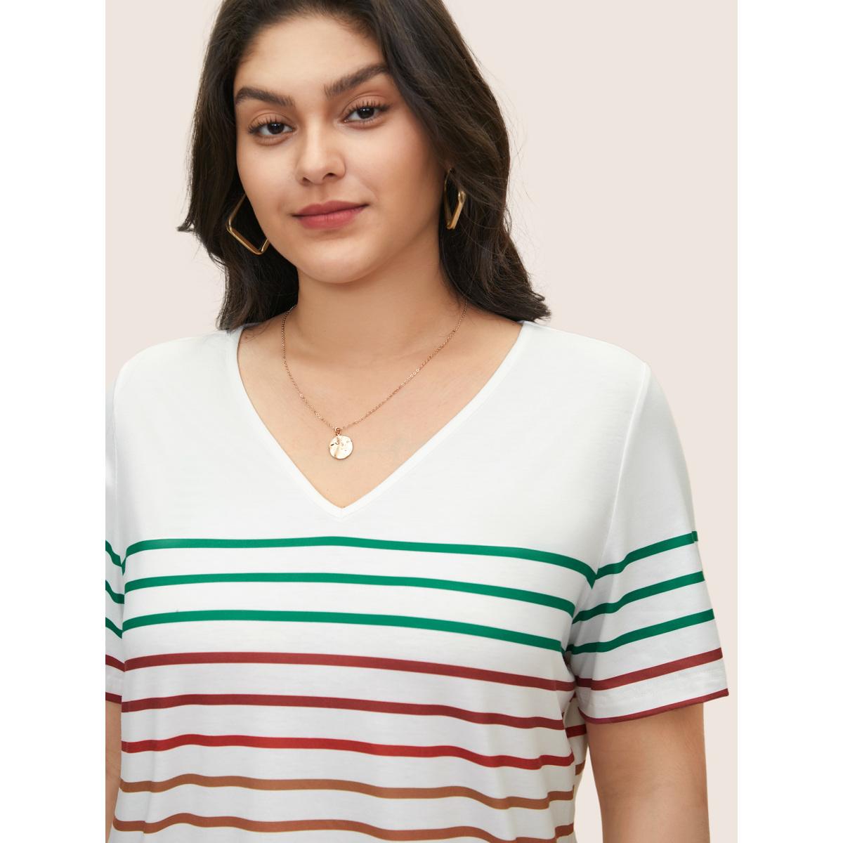 Plus Size Contrast Striped V Neck T-shirt White Women Casual Contrast Striped V-neck Everyday T-shirts BloomChic 18-20/2X Product Image