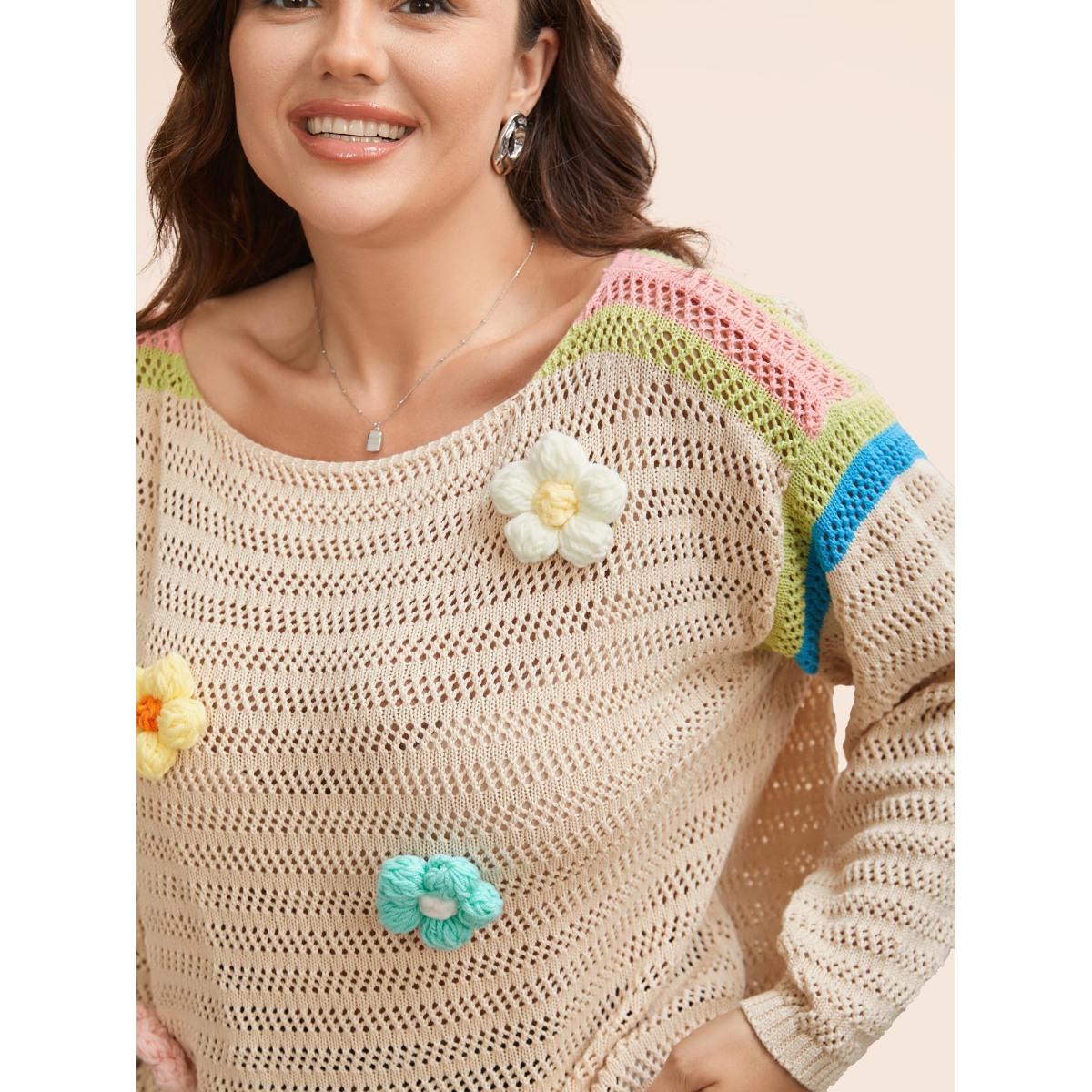 Plus Size Colored Stereo Flower Design Pullover Beige Women Casual Three Quarter Length Sleeve Boat Neck Everyday Pullovers BloomChic 26/4X Product Image