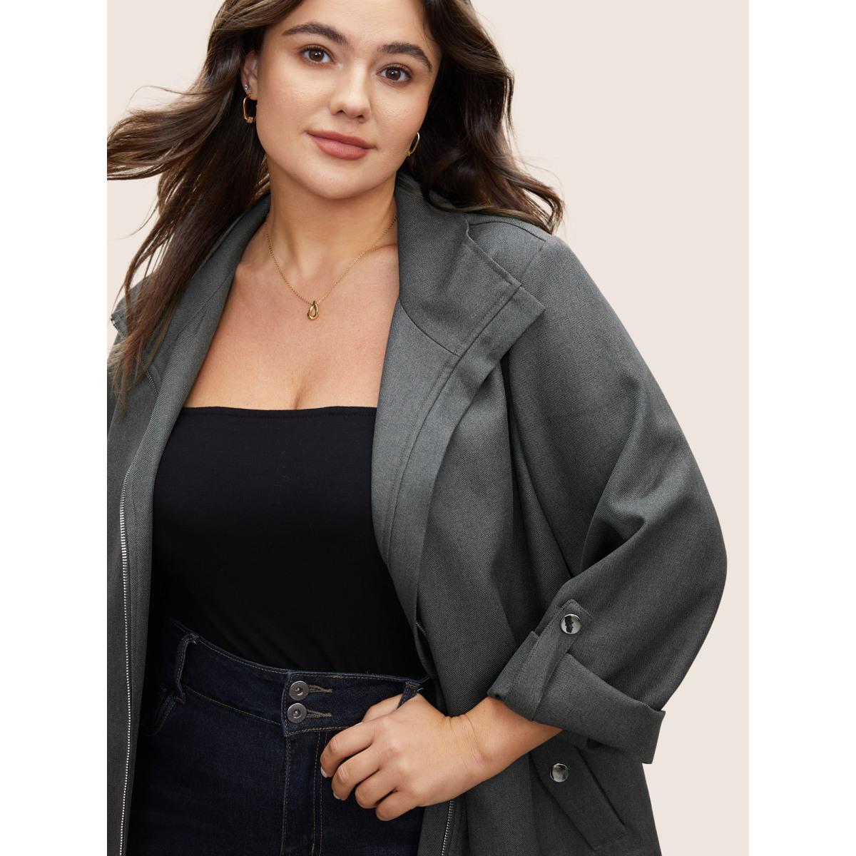 Plus Size Solid Zipper Button Detail Tab Sleeve Jacket Women DimGray Non Open pocket with flap Everyday Jackets BloomChic 14-16/1X Product Image