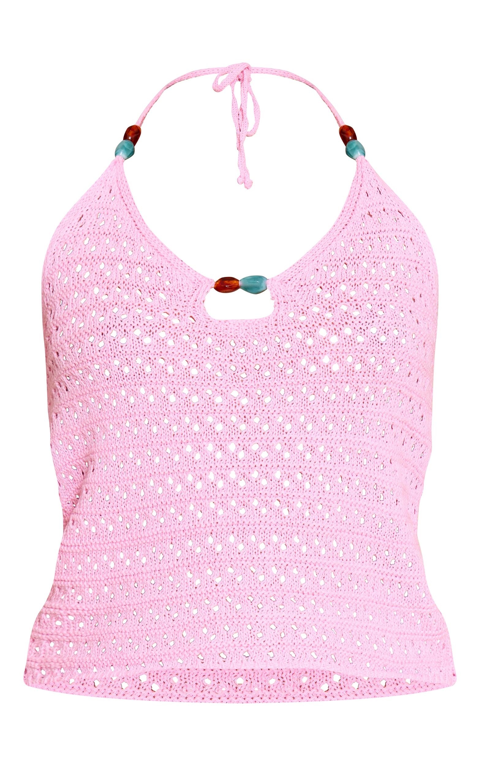 Pink Crochet Bead Detail Halter Top Product Image