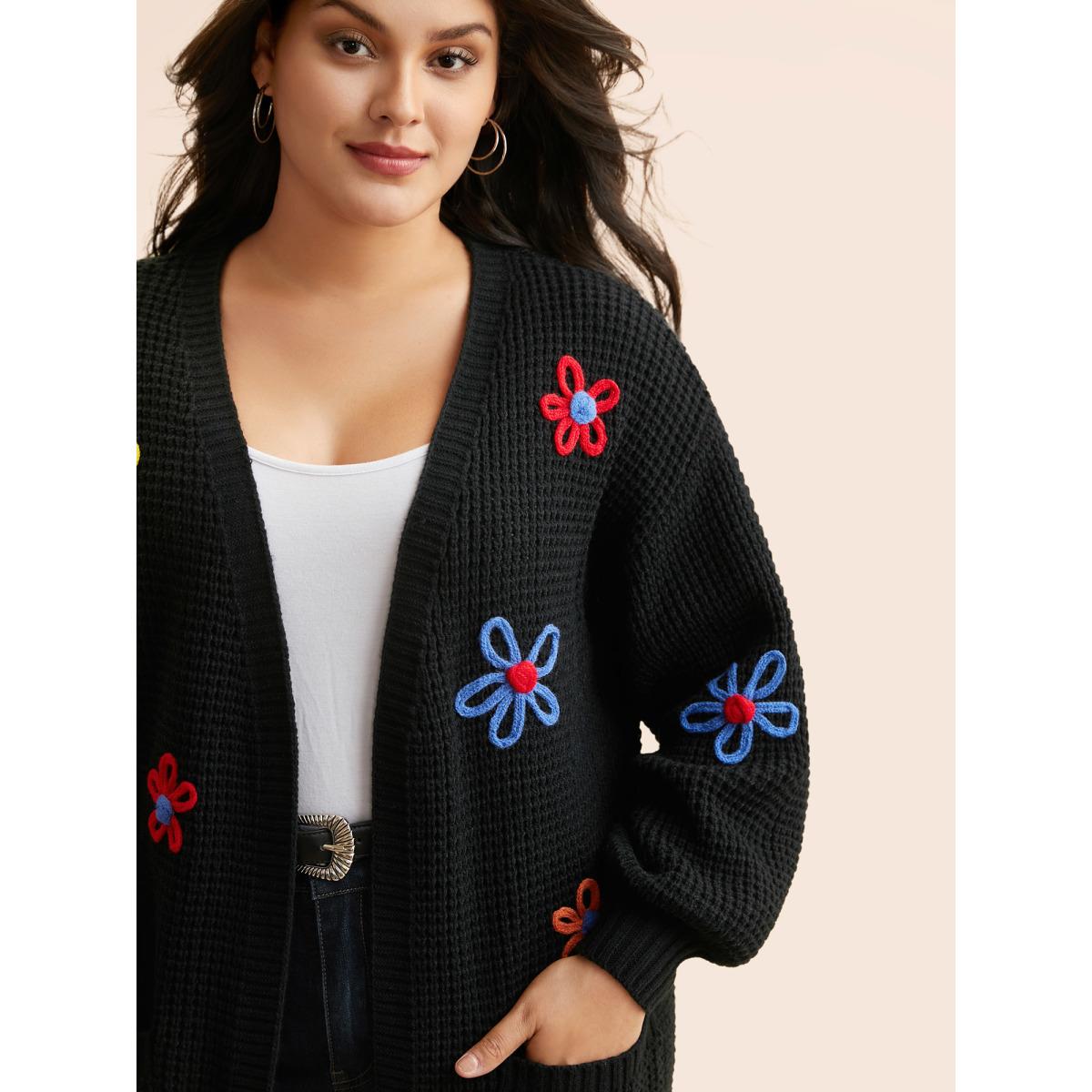 Plus Size Crochet Floral Puff Sleeve Pocket Cardigan Black Women Casual Loose Long Sleeve Everyday Cardigans BloomChic 28/5X Product Image