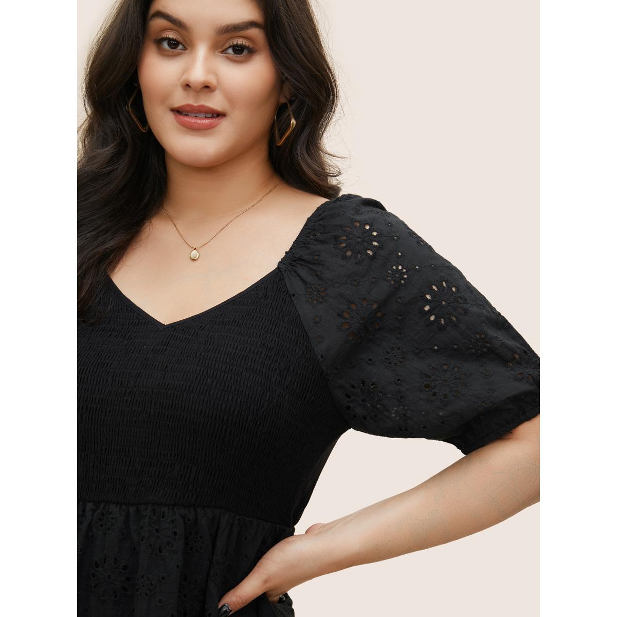Plus Size Black Broderie Anglaise Patchwork Lantern Sleeve Shirred Blouse Women Resort Short sleeve Square Neck Vacation Blouses BloomChic 12/L Product Image