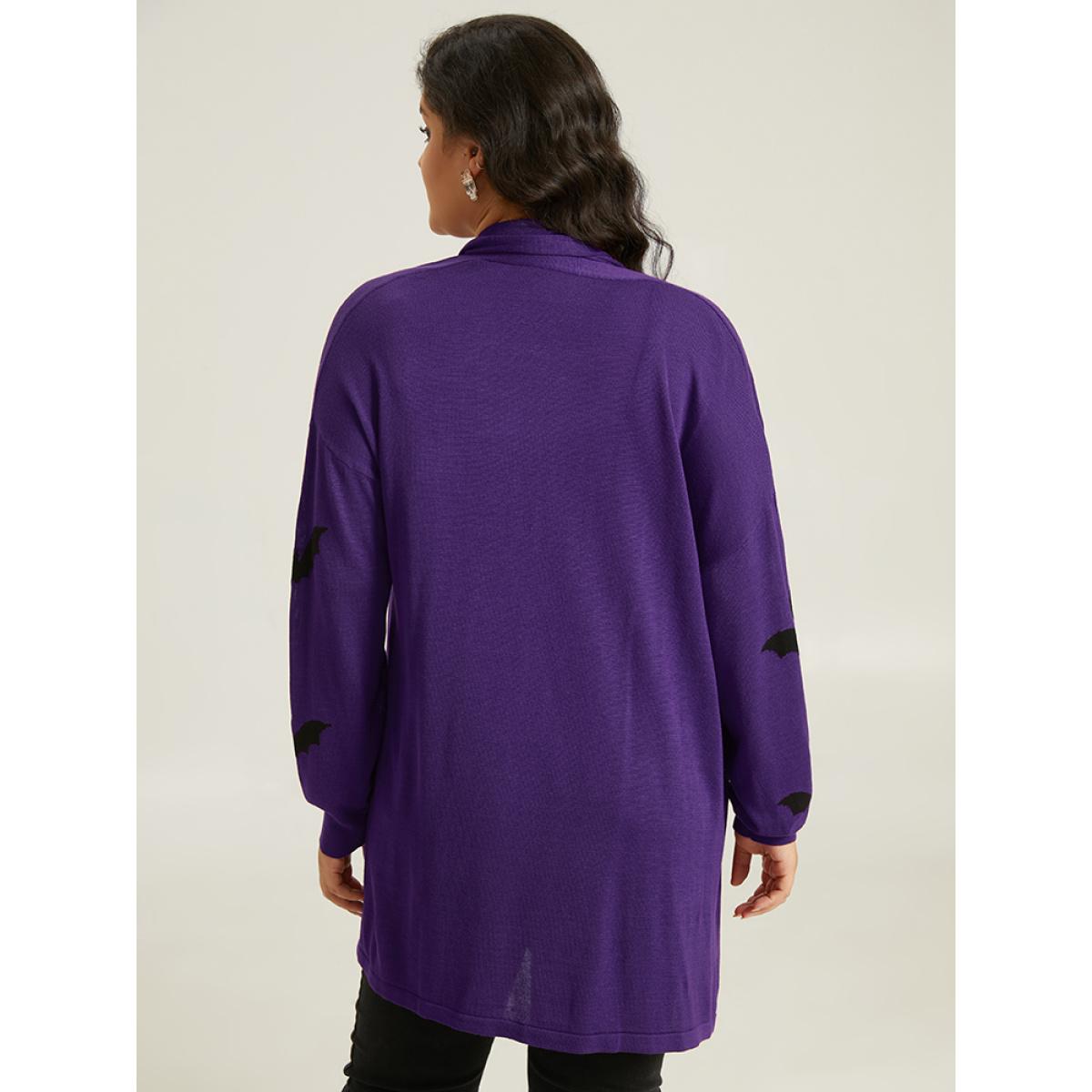Plus Size Supersoft Essentials Halloween Bat Pattern Lapel Collar Cardigan Blackcurrant Women Playful Loose Long Sleeve Casual Cardigans BloomChic 18-20/2X Product Image