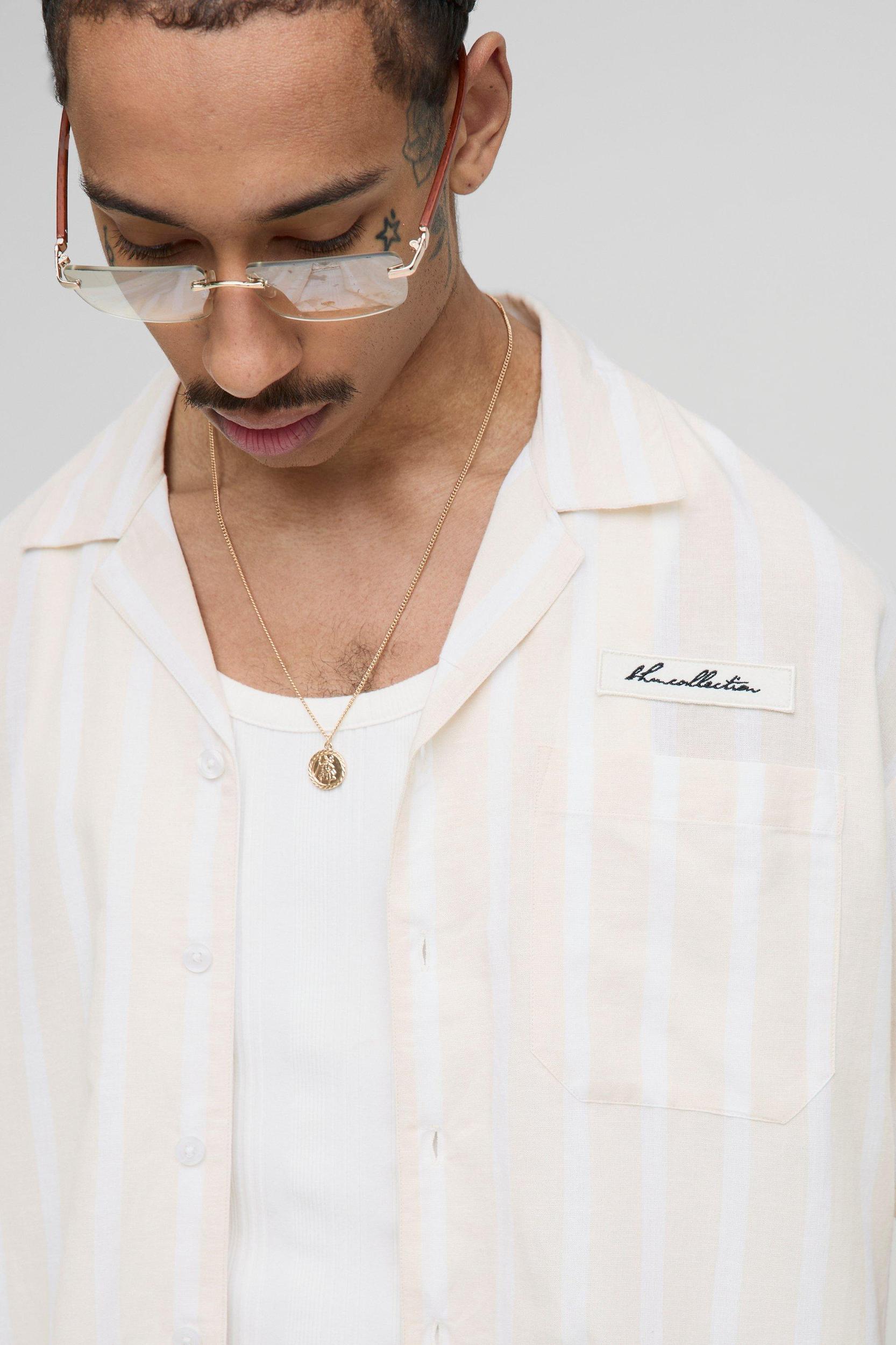 Oversized Boxy Linen Look Stripe Pocket Detail Shirt | boohooMAN USA Product Image