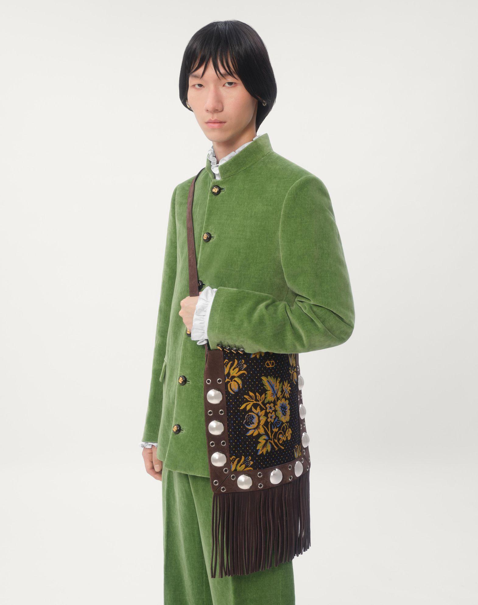 Cotton Velvet And Washed Linen Jacket With Mandarin Collar Product Image