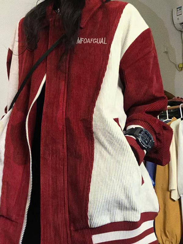 Corduroy Color Block Splice Embroidery Jacket Product Image