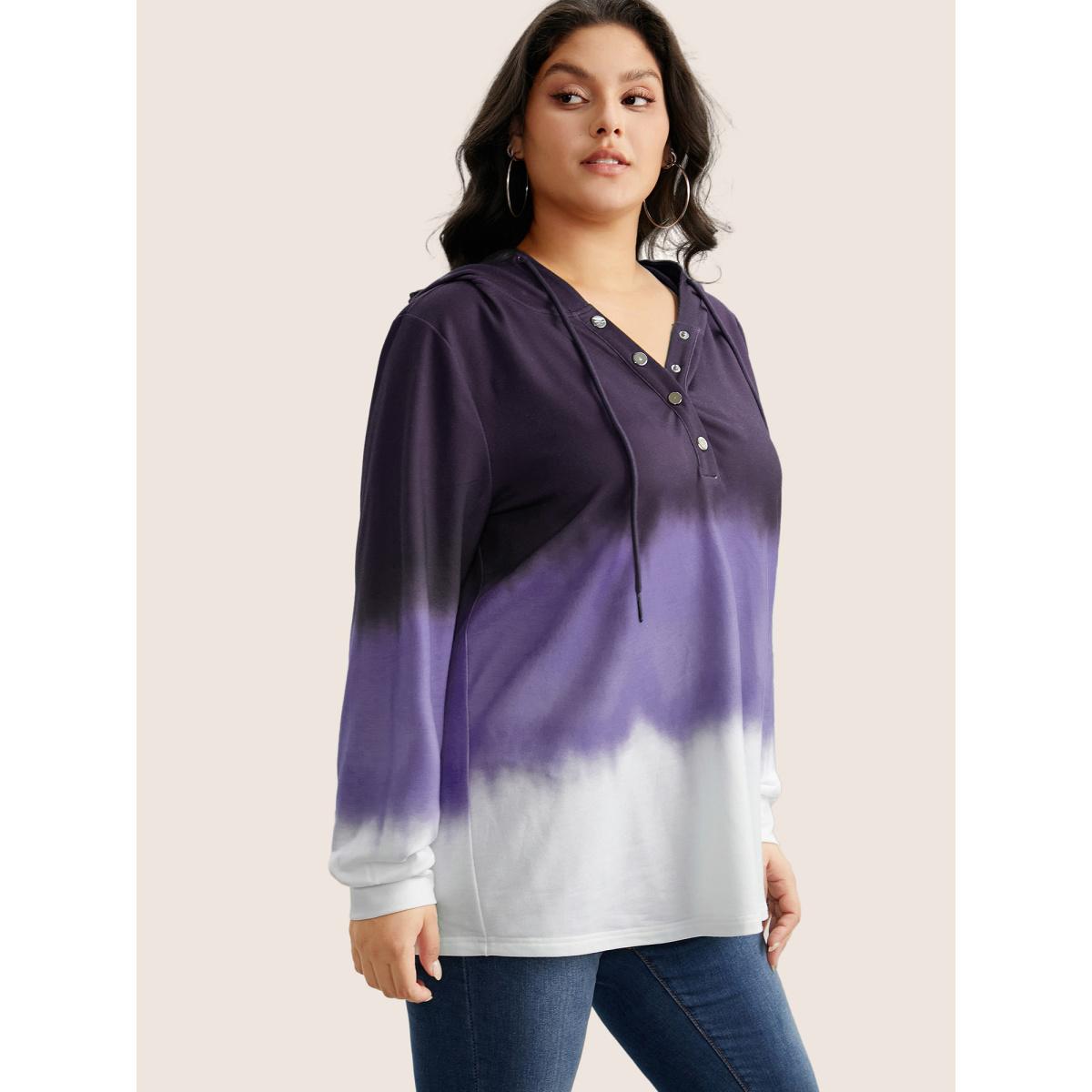 Plus Size Tie Dye Button Up Hooded Drawstring Sweatshirt Women Eggplant Casual Button Hooded Everyday Sweatshirts BloomChic 22-24/3X Product Image