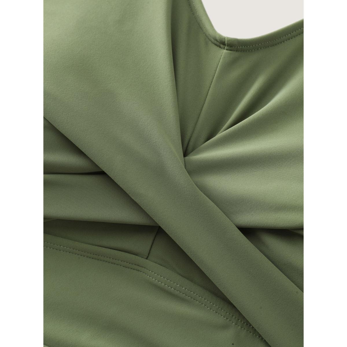 Plus Size Flutter Sleeve Twist Front Button Swim Dress Women's Swimwear Sage Resort Bodycon V-neck High stretch Curve Swim Dresses BloomChic 28/5X Product Image