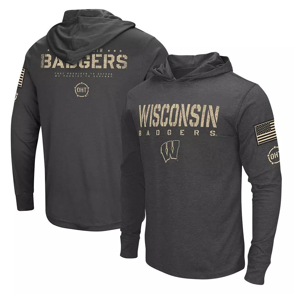 Men's Colosseum Heather Black Wisconsin Badgers Team OHT Military Appreciation Long Sleeve Hoodie T-Shirt, Size: Medium, Charco Product Image