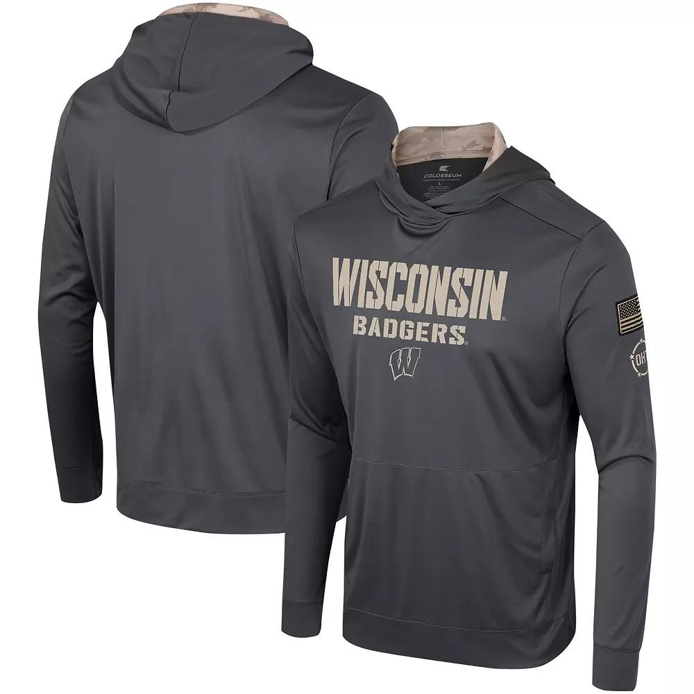 Men's Colosseum Charcoal Wisconsin Badgers OHT Military Appreciation Long Sleeve Hoodie T-Shirt,  Product Image