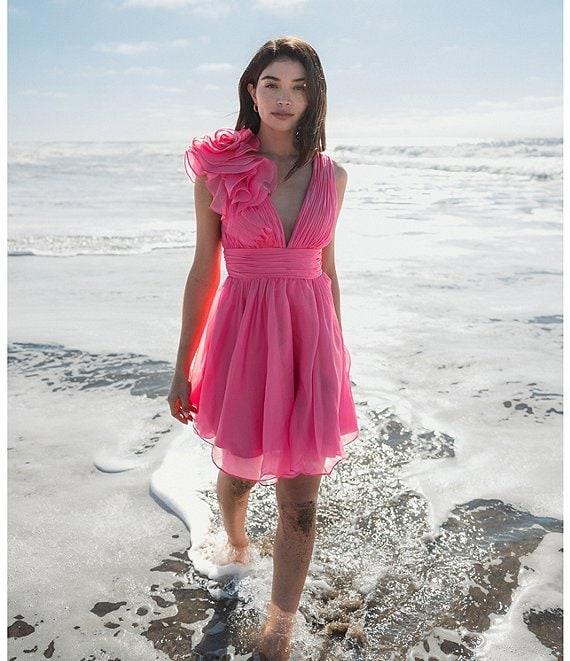 Ieena for Mac Duggal Ruffle Shoulder Sleeveless V-Neck Fit and Flare Dress Product Image