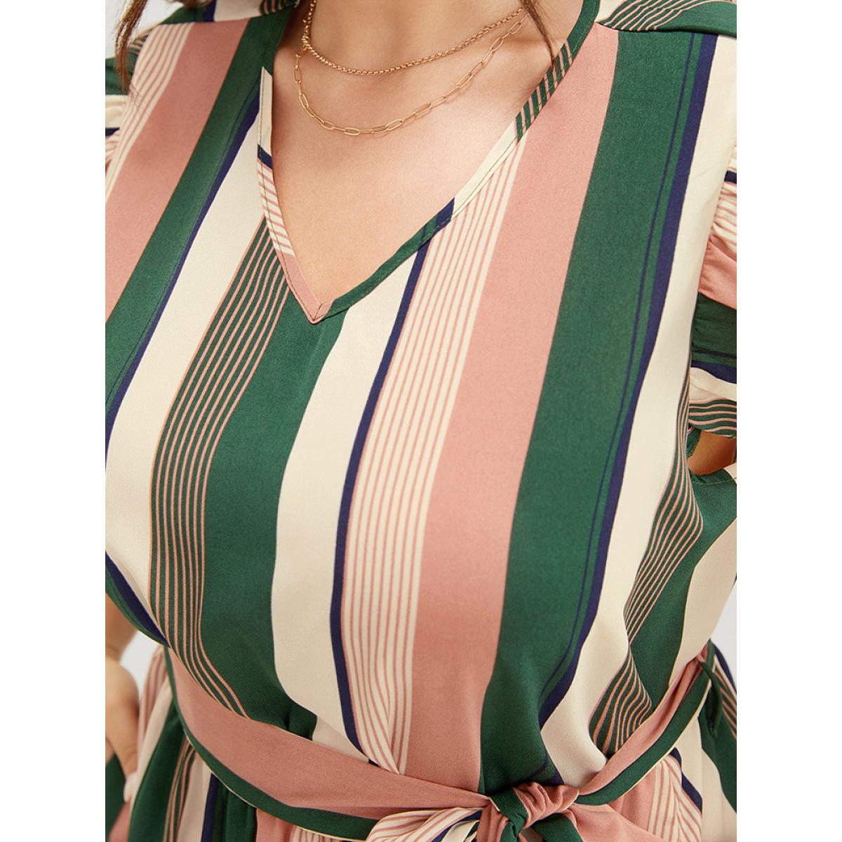 Plus Size Striped Contrast Cap Sleeve Belted Pocket Ruffle Hem Dress Multicolor Women Vacation Contrast V-neck Cap Sleeve Curvy Knee Dress BloomChic 30/6X Product Image