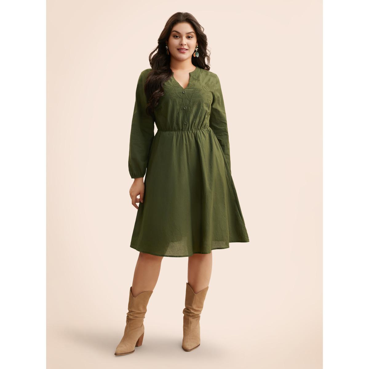 Plus Size Notched Broderie Anglaise Button Detail Dress ArmyGreen Women Elegant Button Notched collar Long Sleeve Curvy BloomChic 18-20/2X Product Image