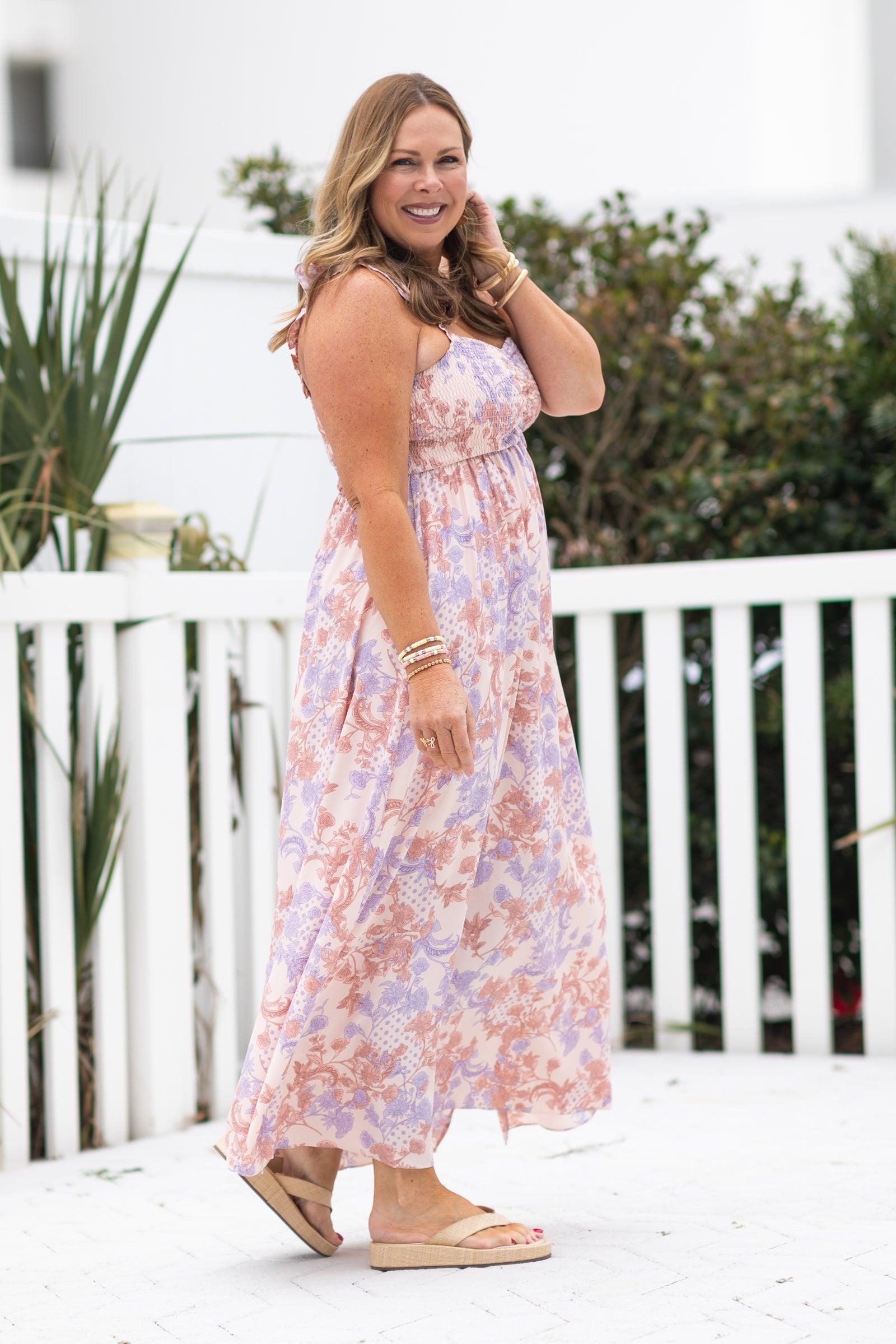 Peach Paisley Floral Smocked Maxi Dress Product Image