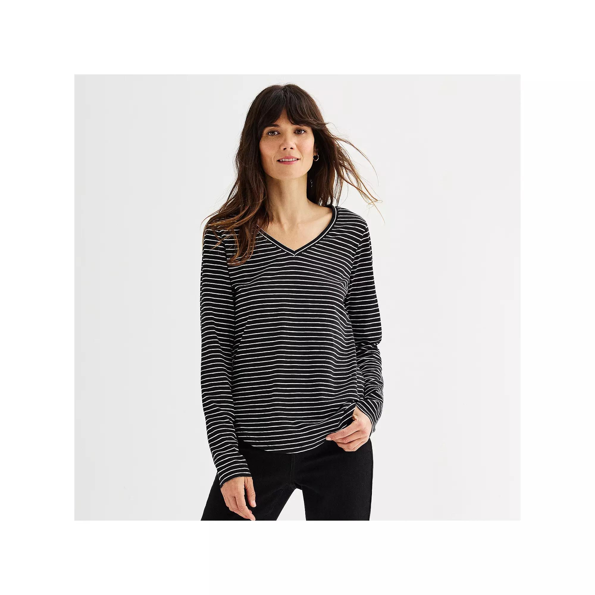 Women's Sonoma Goods For Life® Everyday Long Sleeve V-Neck Tee, Size: Small, Deep Black Stripe Product Image