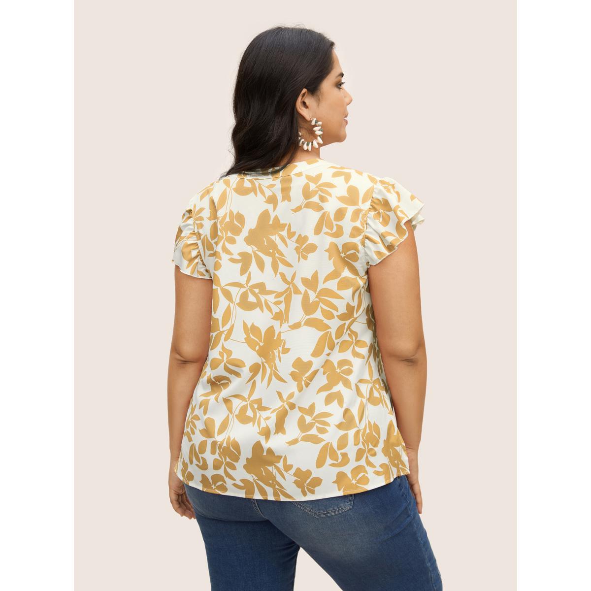 Plus Size Tan Silhouette Floral Print Notched Collar Pleated Blouse Women Resort Cap Sleeve Notched collar Vacation Blouses BloomChic 22-24/3X Product Image