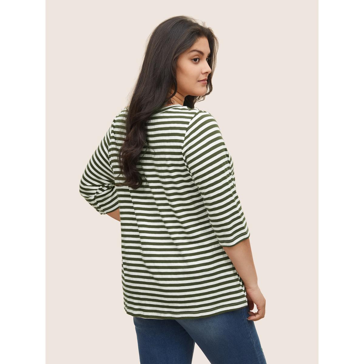 Plus Size Striped Print Notched T-shirt ArmyGreen Women Casual Contrast Striped Notched collar Everyday T-shirts BloomChic 30/6X Product Image