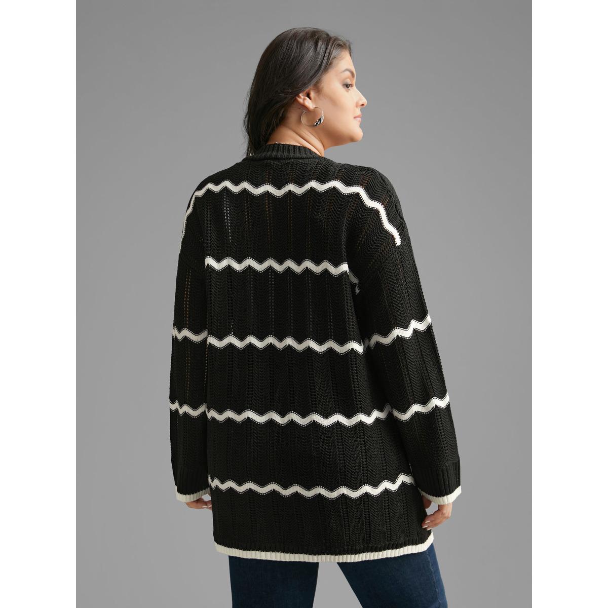 Plus Size Striped Textured Pointelle Knit Cardigan Black Women Casual Long Sleeve Everyday Cardigans BloomChic 22-24/3X Product Image