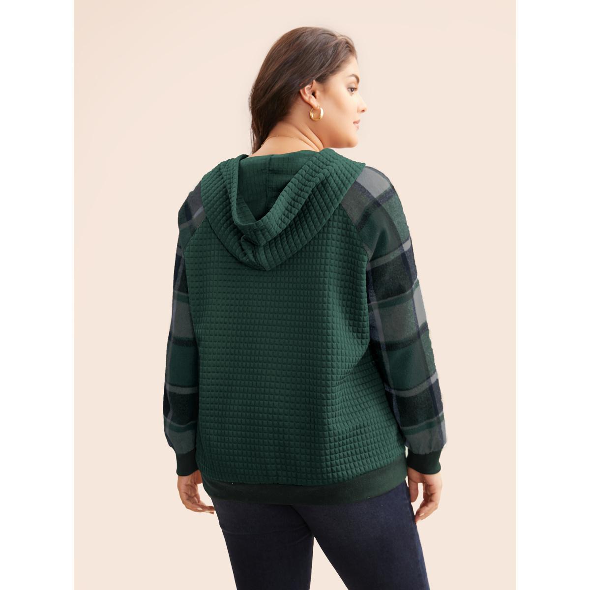 Plus Size Plaid Patchwork Hooded Raglan Sleeve Sweatshirt Women DarkGreen Casual Texture Hooded Everyday Sweatshirts BloomChic 28/5X Product Image