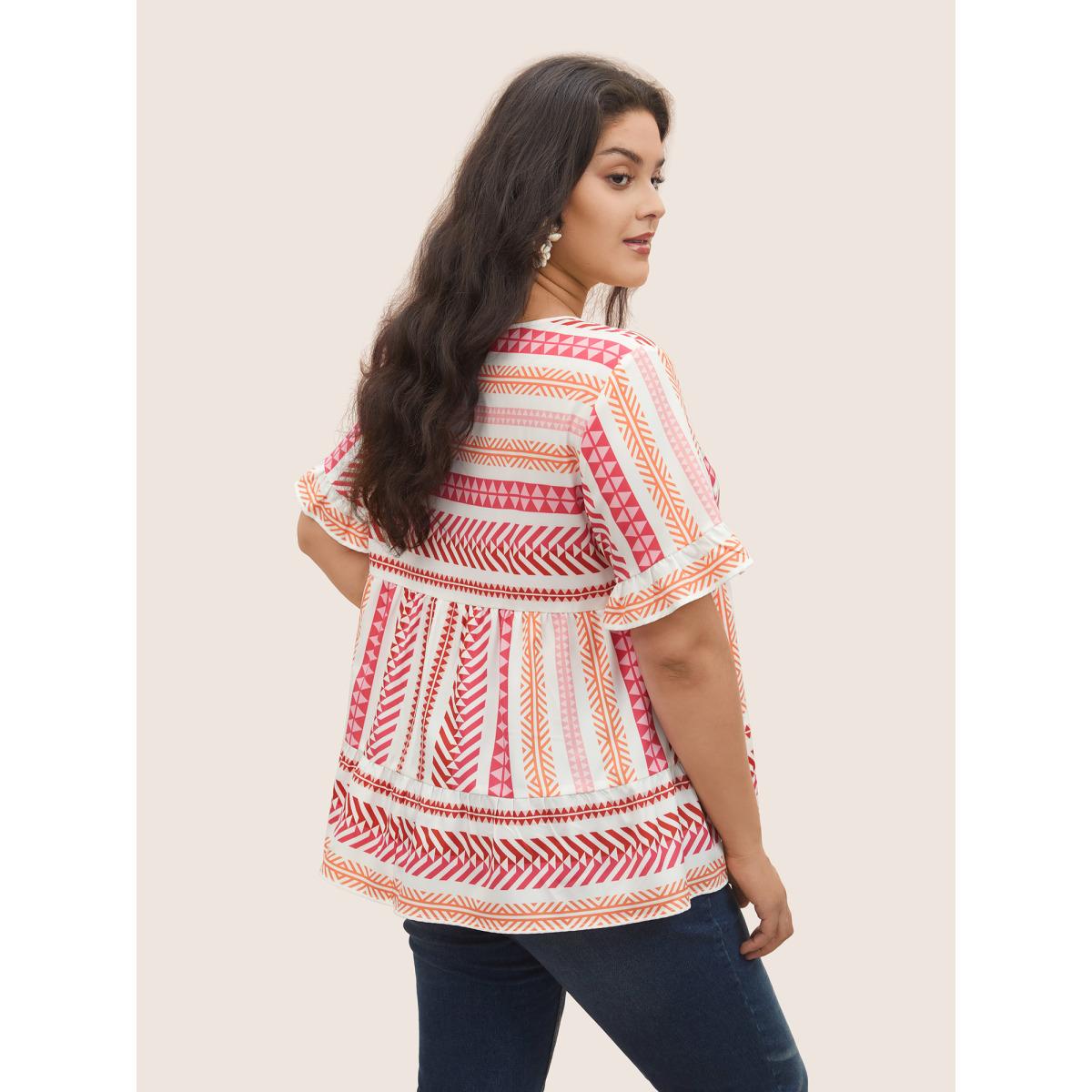 Plus Size White V Neck Geometric Patchwork Ruffles Blouse Women Resort Half Sleeve V-neck Vacation Blouses BloomChic 12/L Product Image