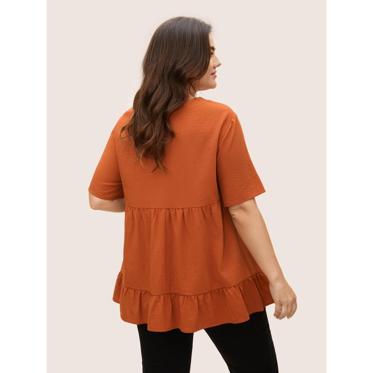 Plus Size Rust Solid Crew Neck Ruffle Hem Blouse Women Casual Short sleeve Round Neck Everyday Blouses BloomChic 12/L Product Image
