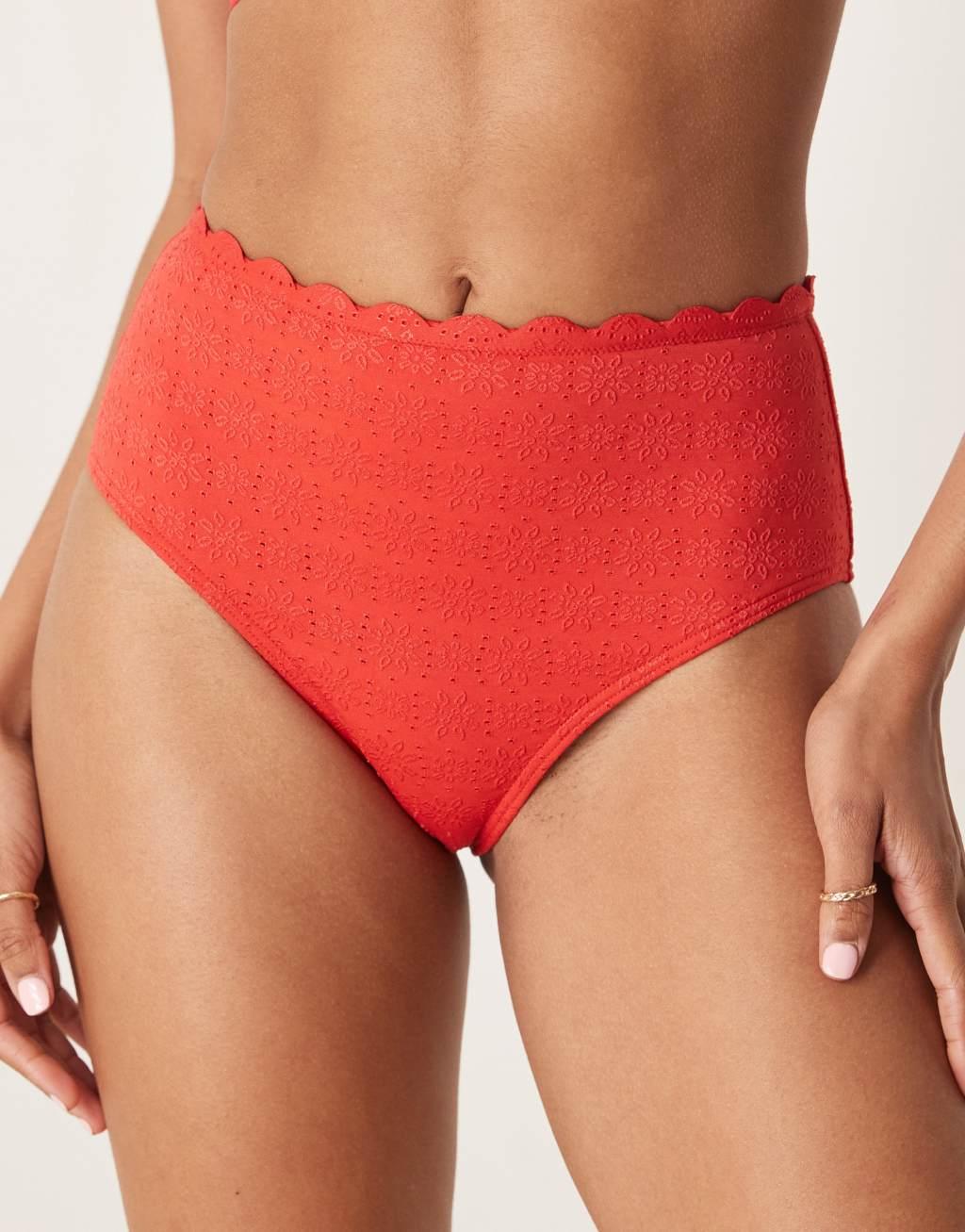 Peek & Beau eyelet high waist bikini bottoms with scallop detail in red Product Image