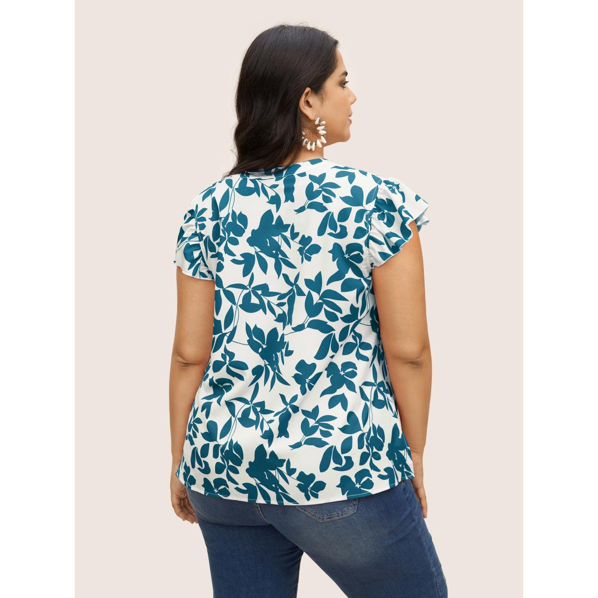 Plus Size Aegean Silhouette Floral Print Notched Collar Pleated Blouse Women Resort Cap Sleeve Notched collar Vacation Blouses BloomChic 14-16/1X Product Image