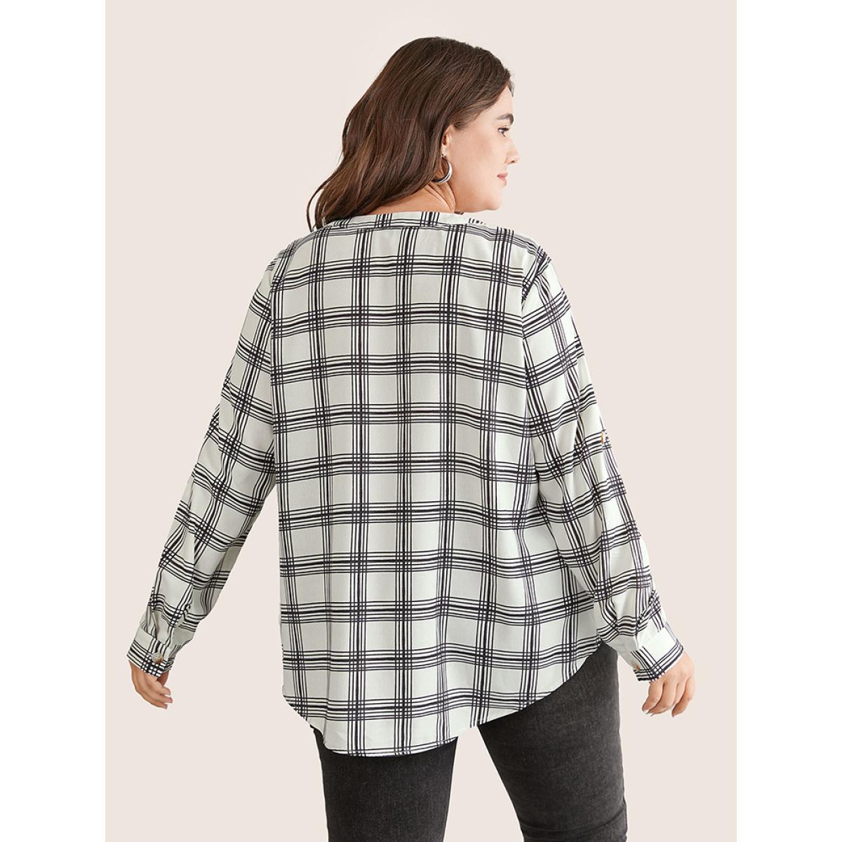 Plus Size Black Plaid Tab Sleeve Button Up Notched Blouse Women Office Long Sleeve Notched collar Office Blouses BloomChic 30/6X Product Image