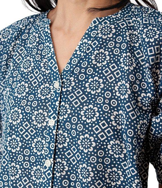Aventura Cassia Printed Slub Weave Woven Y-Neck Button Front Blouse Product Image