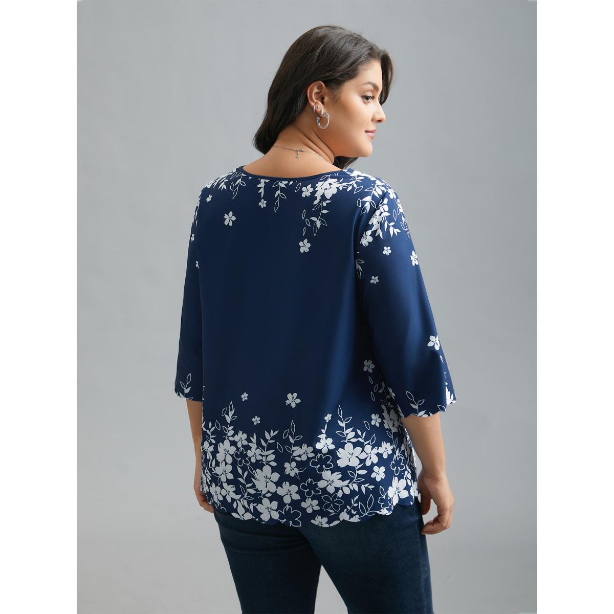 Plus Size Indigo Laser Cut Floral Boho Print Blouse Women Elegant Elbow-length sleeve V-neck Everyday Blouses BloomChic 28/5X Product Image