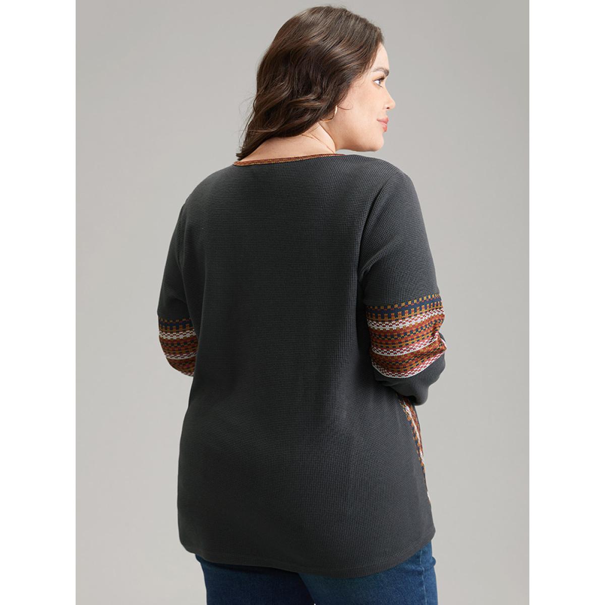 Plus Size Bandana Print Waffle Knit T-shirt DarkGray Women Elegant Waffle Knit Bohemian Print Round Neck Dailywear T-shirts BloomChic 14-16/1X Product Image