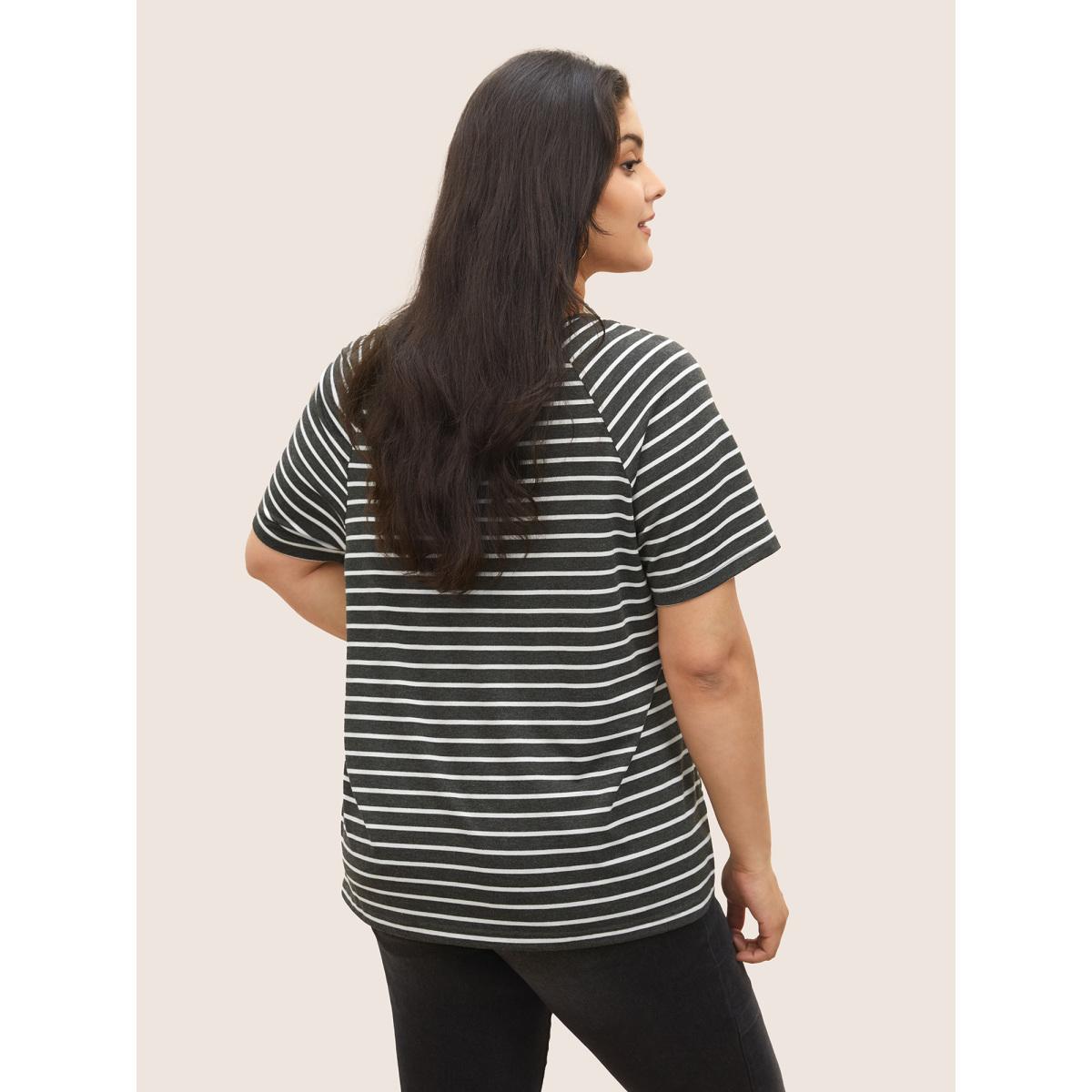 Plus Size Striped Button Up Raglan Sleeve T-shirt Gray Women Casual Contrast Striped Round Neck Everyday T-shirts BloomChic 18-20/2X Product Image