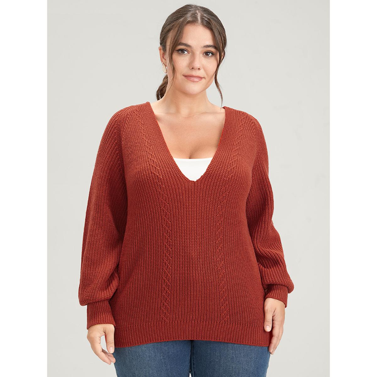 Plus Size Solid Pointelle Knit Deep V Neck Knit Top Coral Women Casual Long Sleeve Deep V-neck Dailywear Pullovers BloomChic 26/4X Product Image