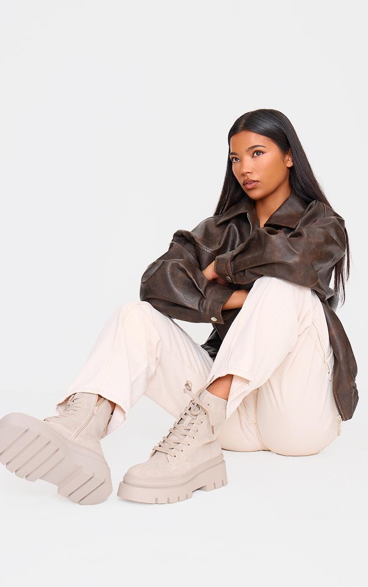 Beige Round Toe Chunky Sole Biker Boots Product Image