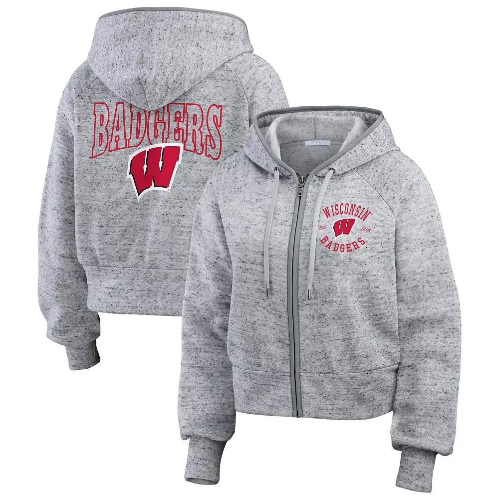 Women's WEAR by Erin Andrews Heather Gray Wisconsin Badgers Wear Speckle Double-Hit Raglan Full-Zip Hoodie,  Product Image