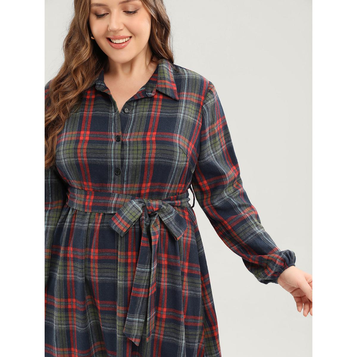 Plus Size Tartan Shirt Collar Lantern Sleeve Belted High Low Hem Dress Indigo Women Elegant Belted Shirt collar Long Sleeve Curvy Long Dress BloomChic 18-20/2X Product Image