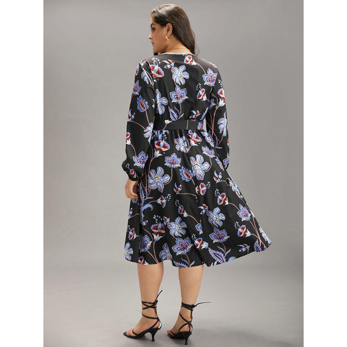 Plus Size Floral Print Elastic Cuffs Belted Dress Black Women Elegant Elastic cuffs V-neck Long Sleeve Curvy Midi Dress BloomChic 18-20/2X Product Image