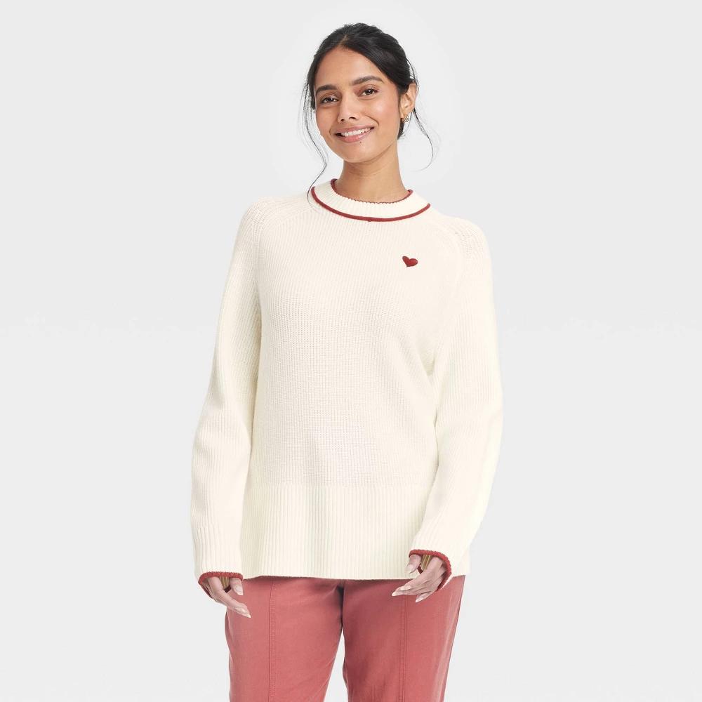 Women's Valentine's Crewneck Pullover Sweater - A New Day™ Cream Hearts Product Image