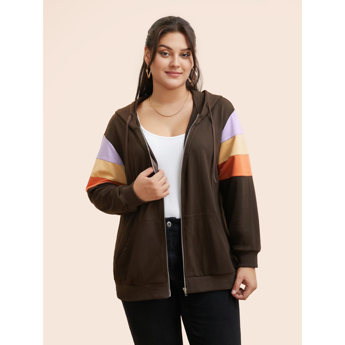 Plus Size Colorblock Contrast Pocket Hooded Sweatshirt Women DarkBrown Casual Contrast Hooded Everyday Sweatshirts BloomChic 12/L Product Image