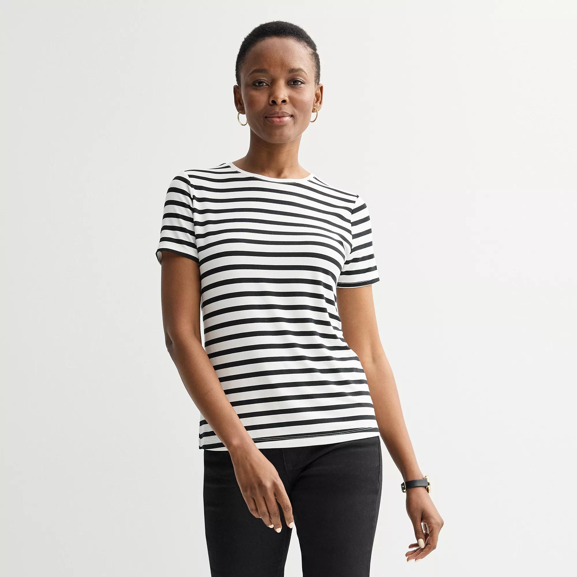 Petite Nine West Essential Crewneck Tee, Women's, Size: XL Petite, Black White Stripe Product Image